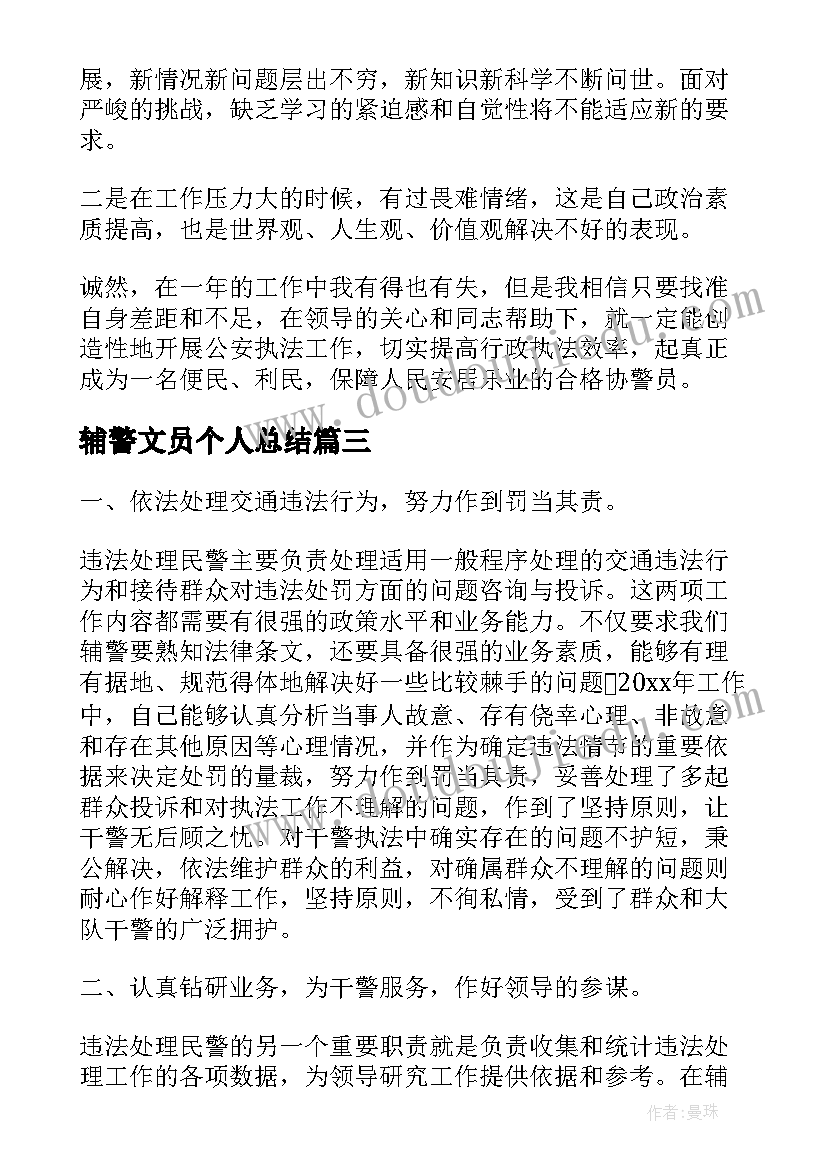 2023年辅警文员个人总结(大全10篇)