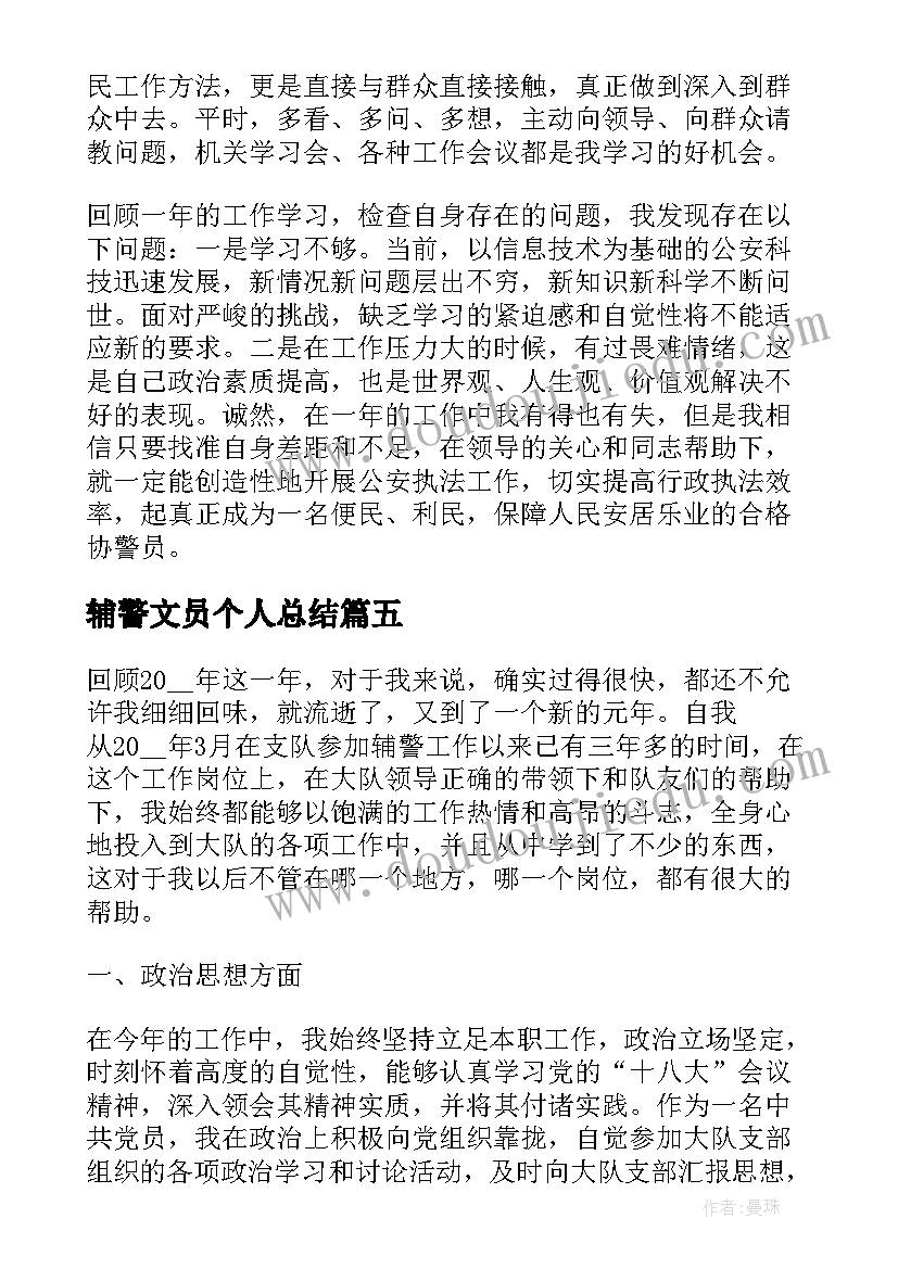 2023年辅警文员个人总结(大全10篇)