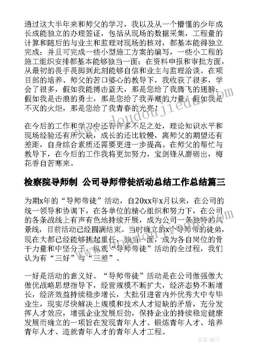 2023年检察院导师制 公司导师带徒活动总结工作总结(通用5篇)