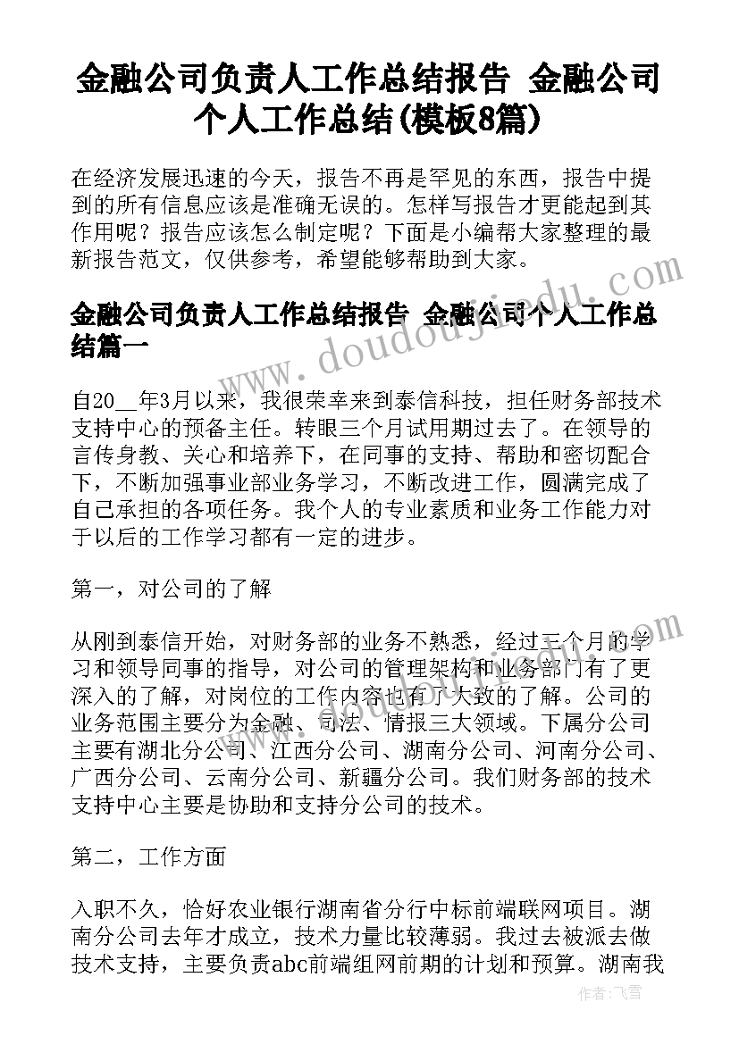 金融公司负责人工作总结报告 金融公司个人工作总结(模板8篇)