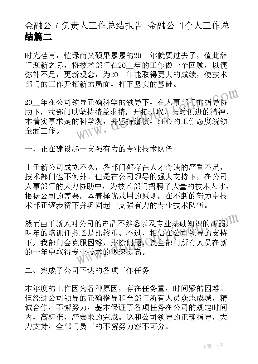 金融公司负责人工作总结报告 金融公司个人工作总结(模板8篇)