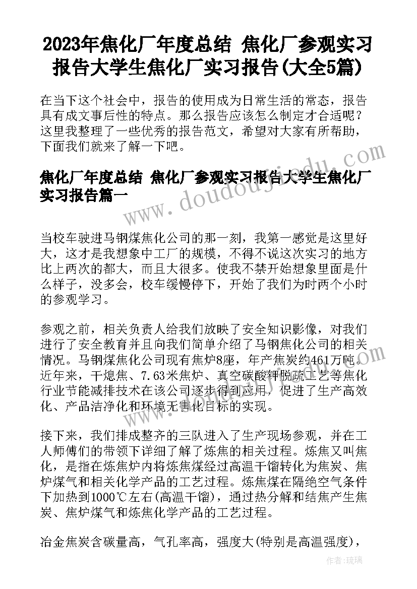 2023年焦化厂年度总结 焦化厂参观实习报告大学生焦化厂实习报告(大全5篇)