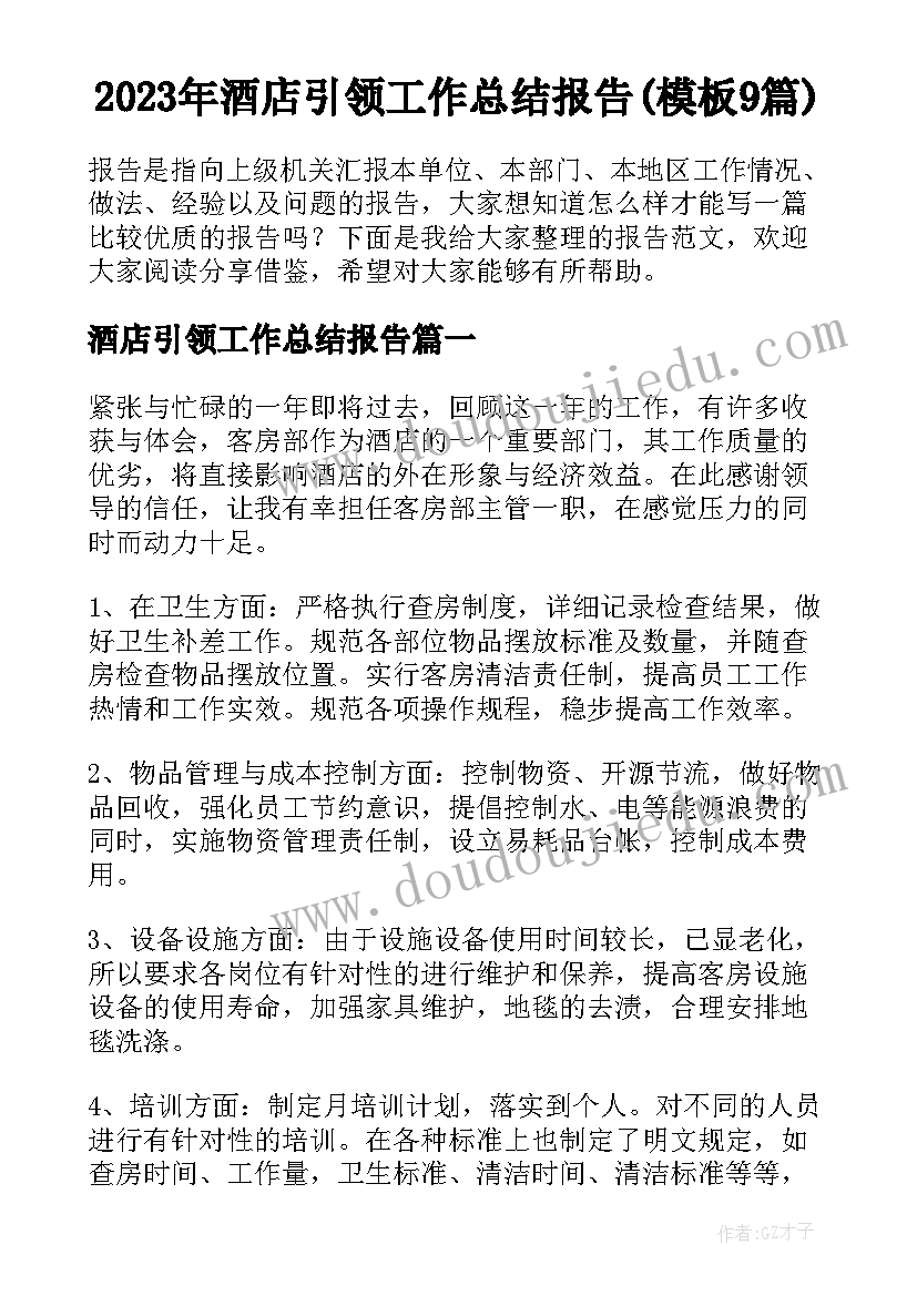 2023年酒店引领工作总结报告(模板9篇)