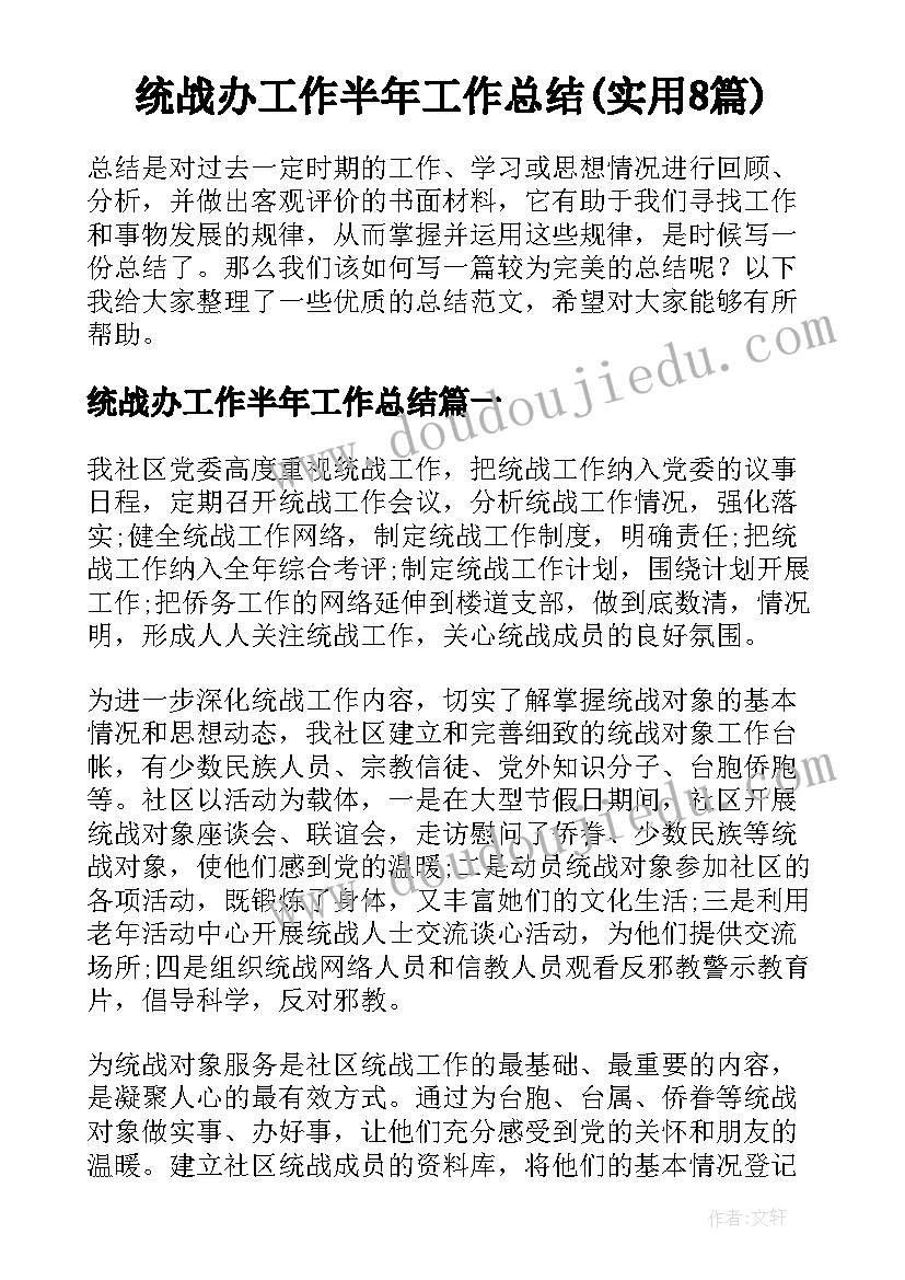 统战办工作半年工作总结(实用8篇)