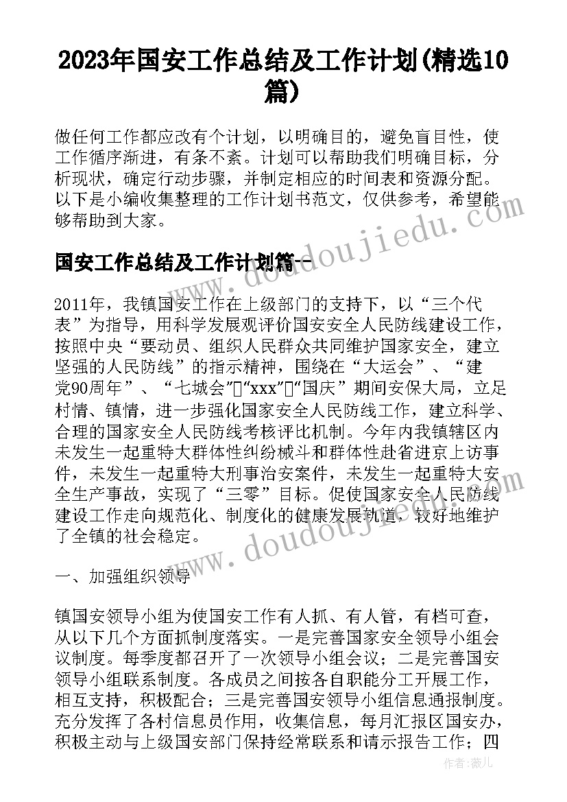 2023年国安工作总结及工作计划(精选10篇)