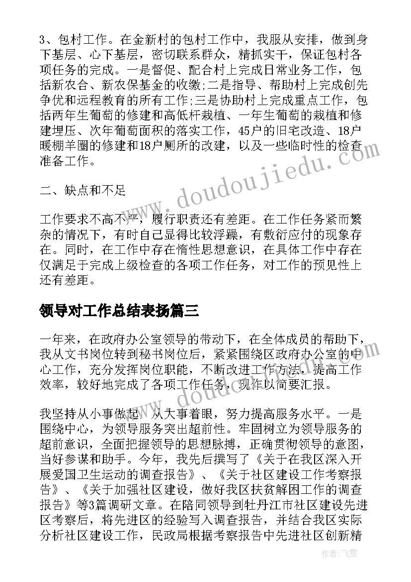 领导对工作总结表扬(大全9篇)