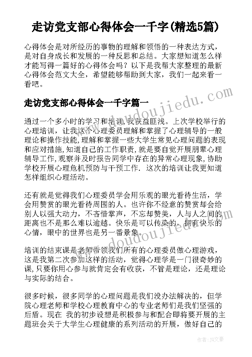 走访党支部心得体会一千字(精选5篇)