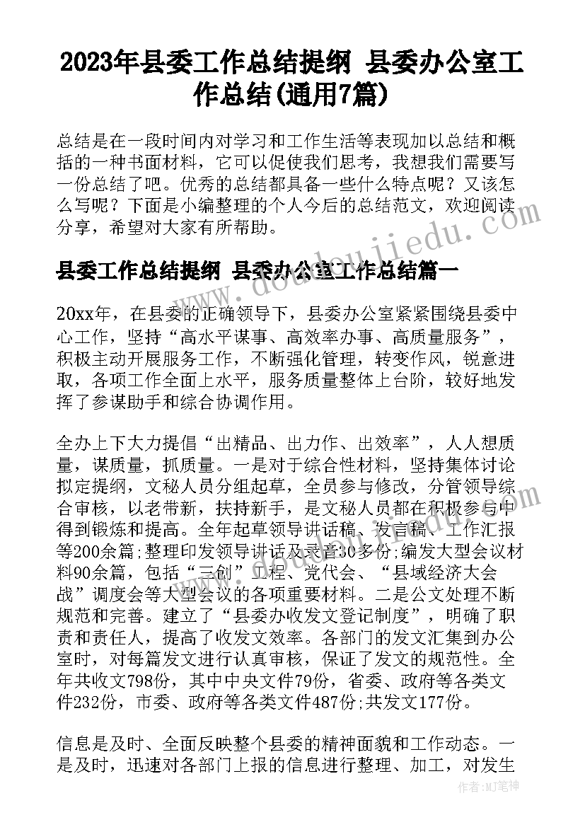 2023年县委工作总结提纲 县委办公室工作总结(通用7篇)