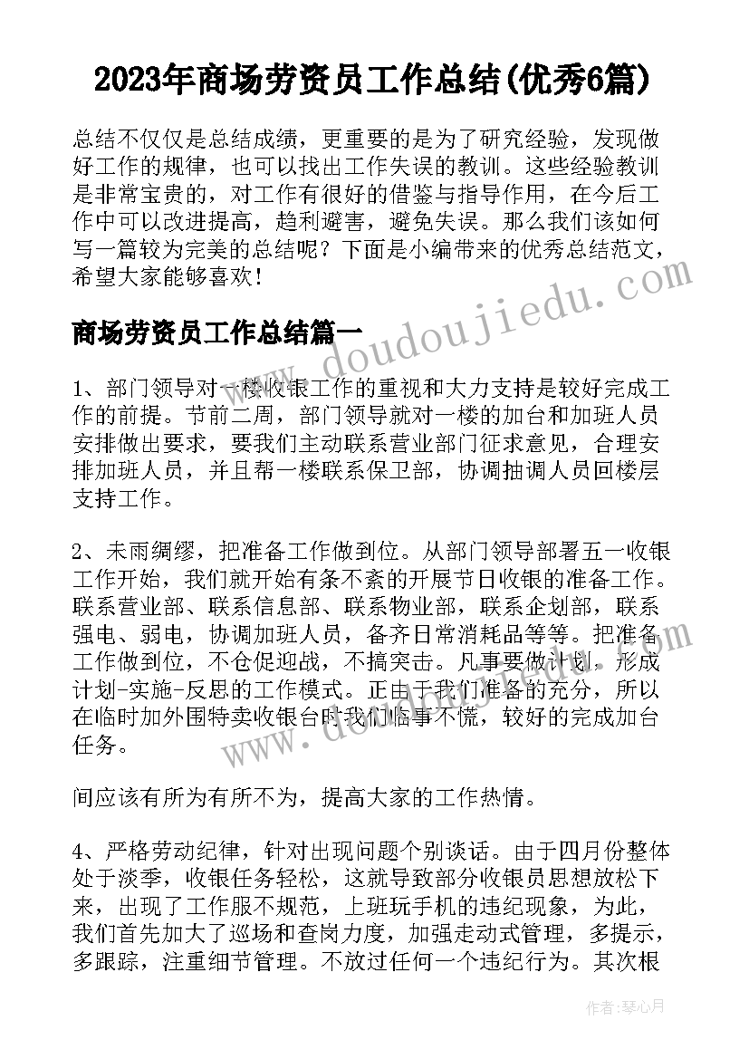 2023年商场劳资员工作总结(优秀6篇)