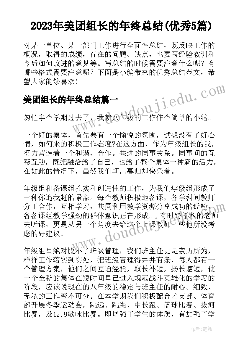 2023年美团组长的年终总结(优秀5篇)