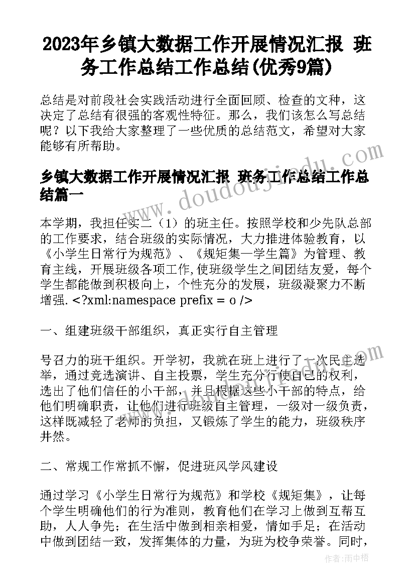 2023年乡镇大数据工作开展情况汇报 班务工作总结工作总结(优秀9篇)