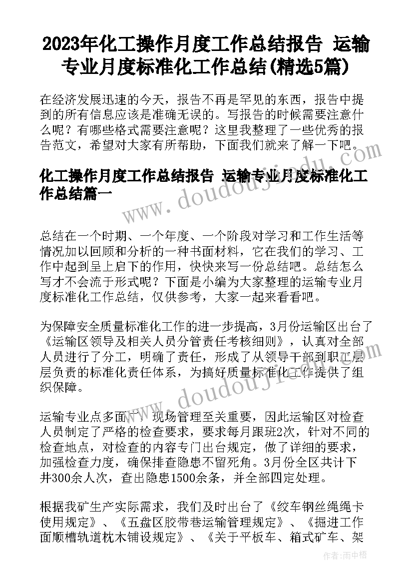 2023年化工操作月度工作总结报告 运输专业月度标准化工作总结(精选5篇)