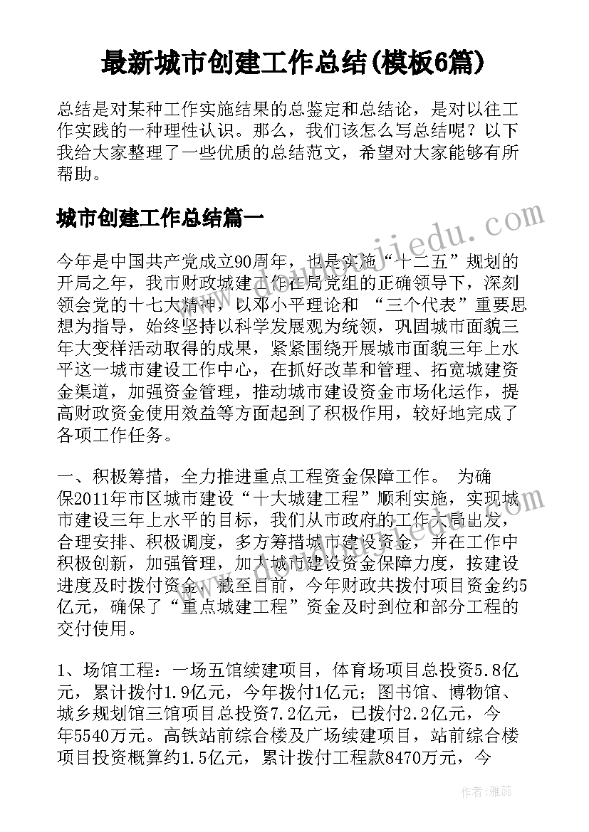 最新城市创建工作总结(模板6篇)