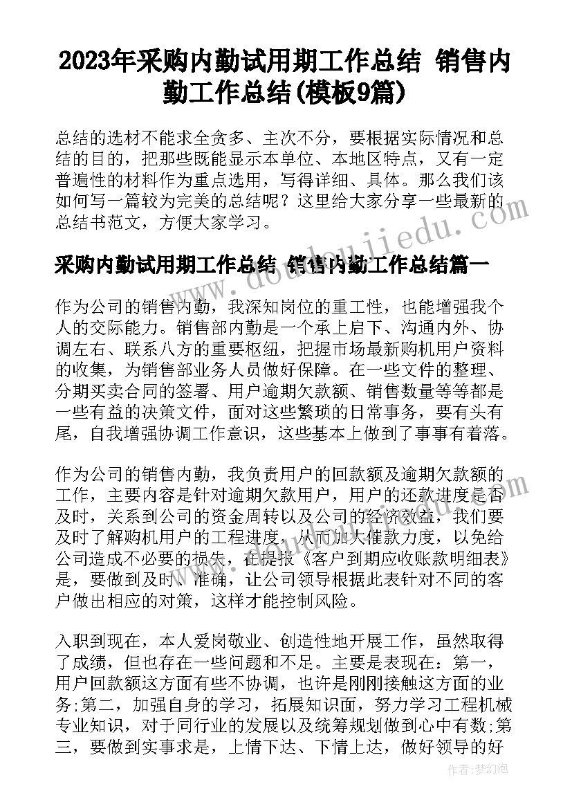 2023年采购内勤试用期工作总结 销售内勤工作总结(模板9篇)