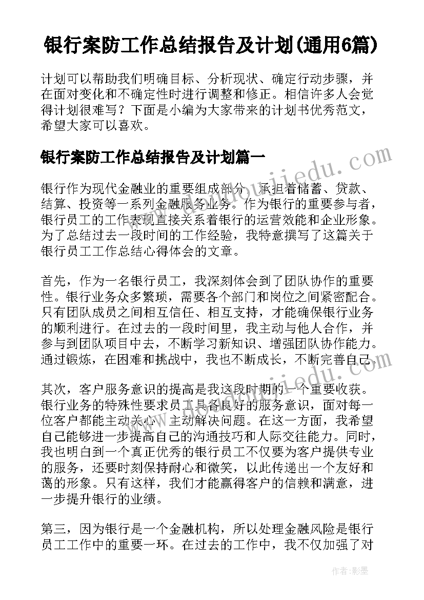 银行案防工作总结报告及计划(通用6篇)