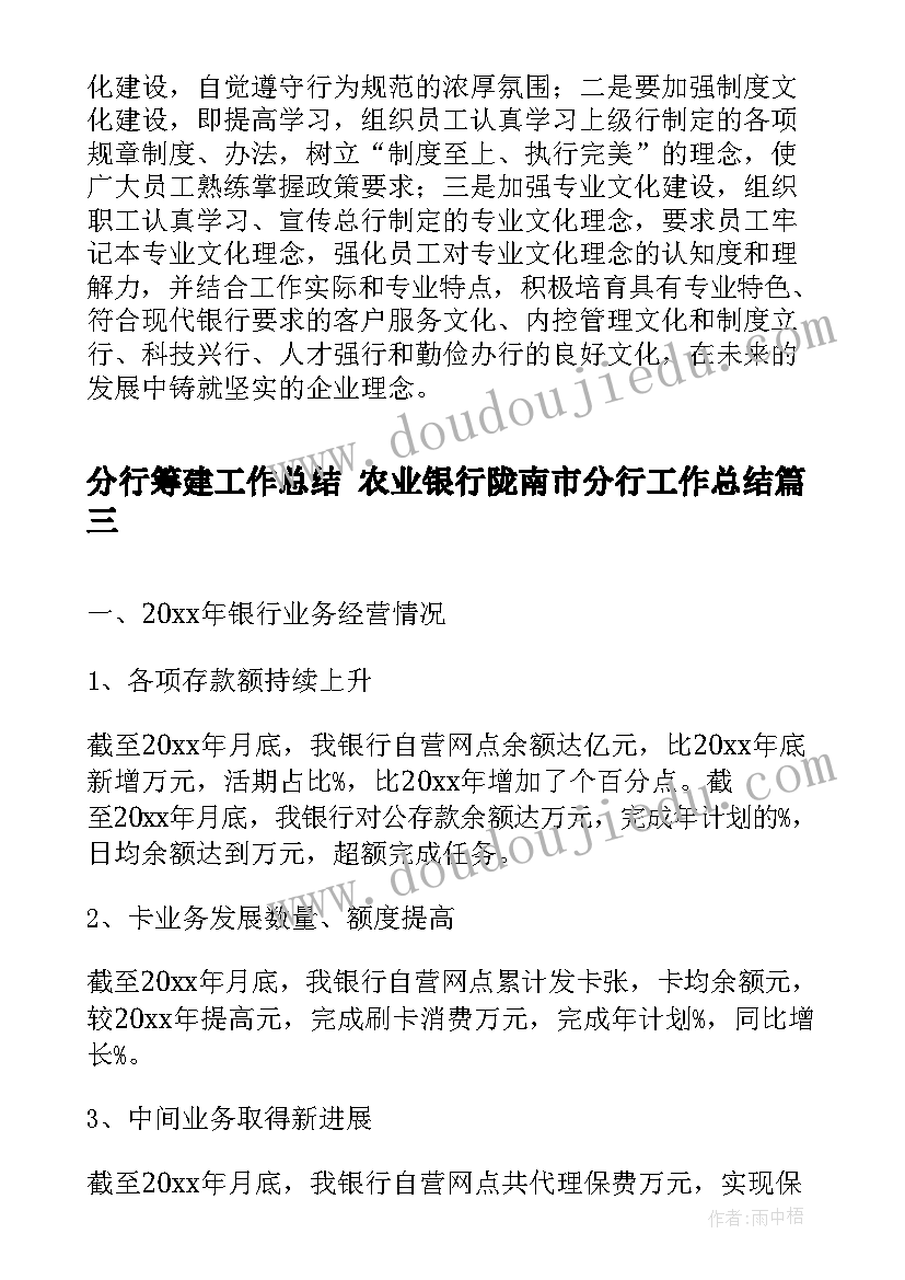 分行筹建工作总结 农业银行陇南市分行工作总结(精选5篇)