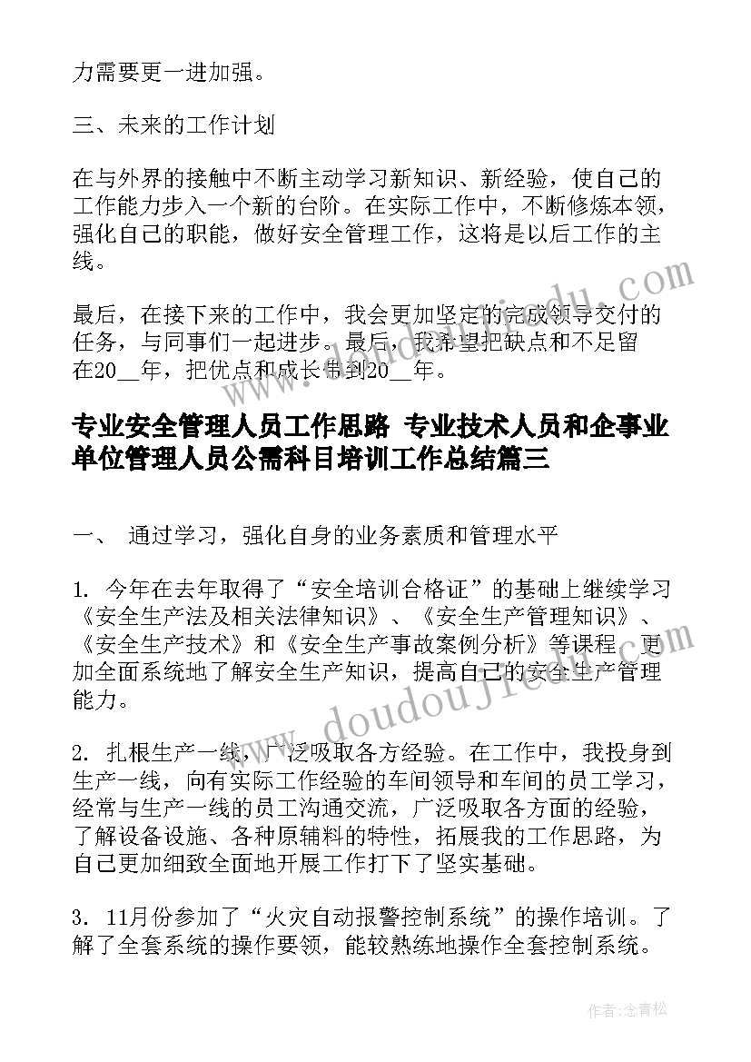 最新专业安全管理人员工作思路 专业技术人员和企事业单位管理人员公需科目培训工作总结(通用5篇)