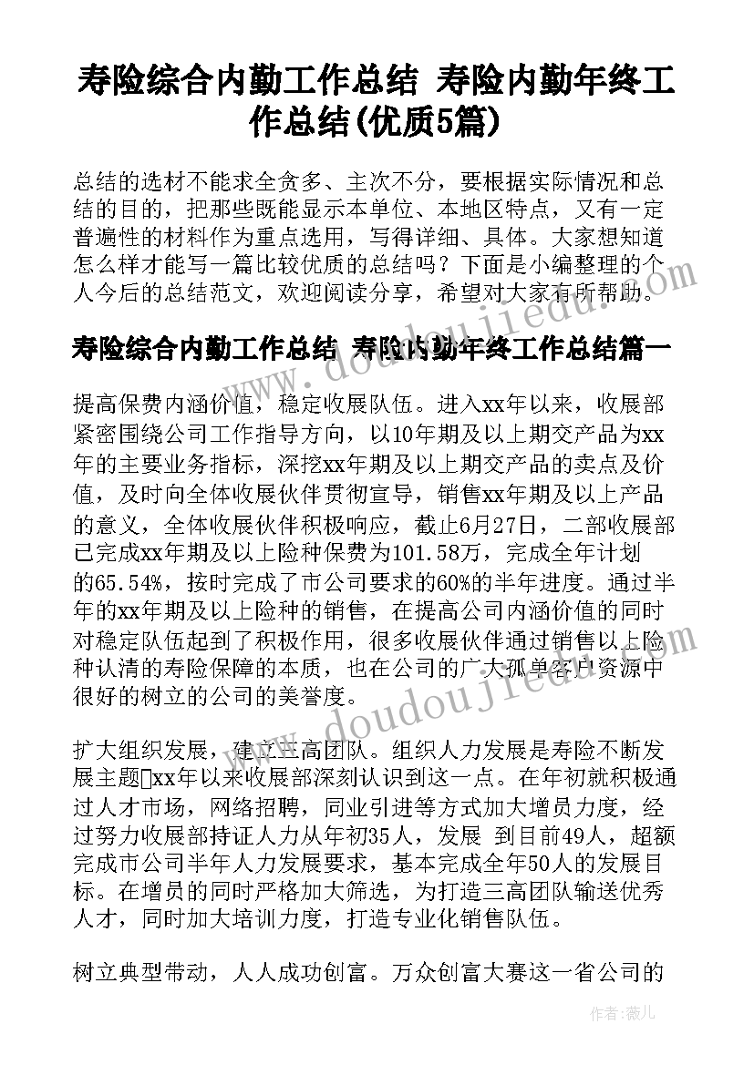 寿险综合内勤工作总结 寿险内勤年终工作总结(优质5篇)