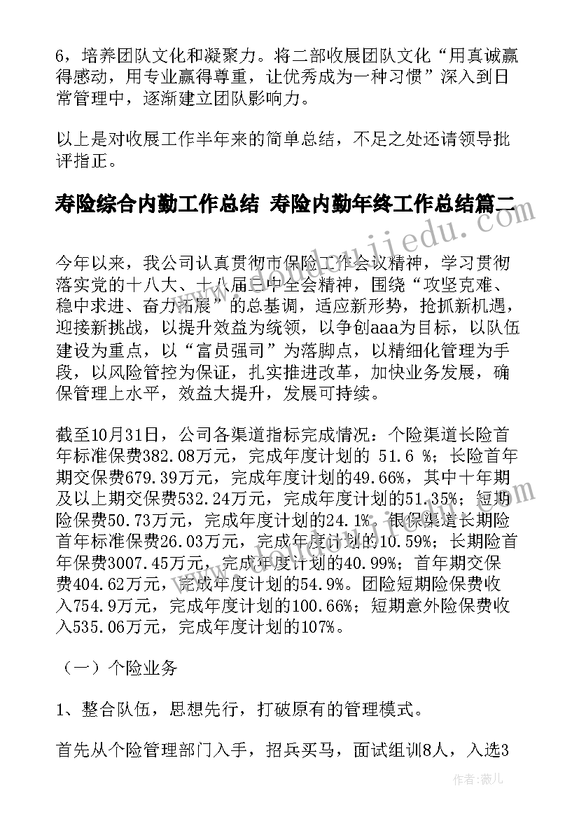 寿险综合内勤工作总结 寿险内勤年终工作总结(优质5篇)