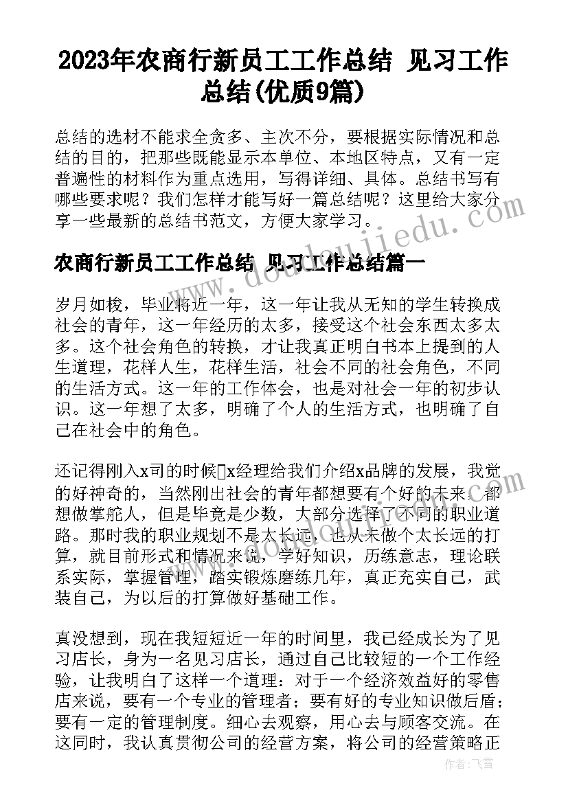 2023年农商行新员工工作总结 见习工作总结(优质9篇)