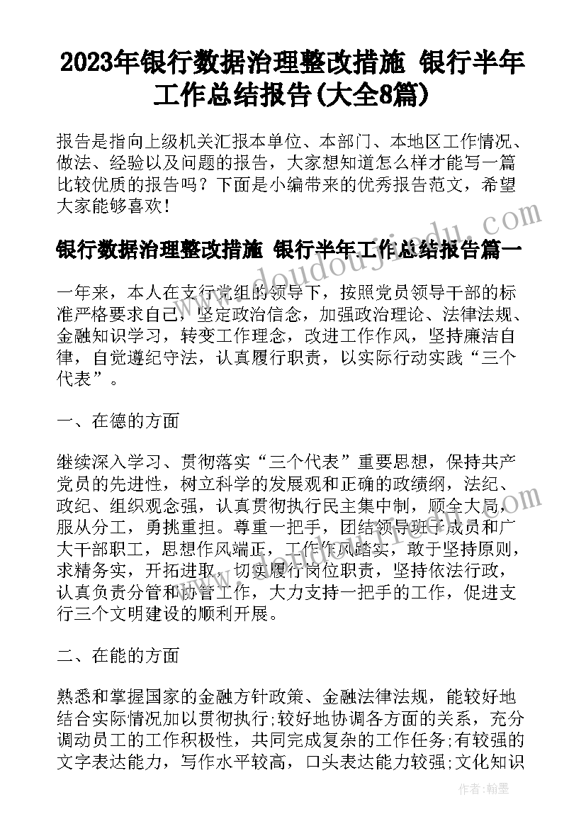 2023年银行数据治理整改措施 银行半年工作总结报告(大全8篇)