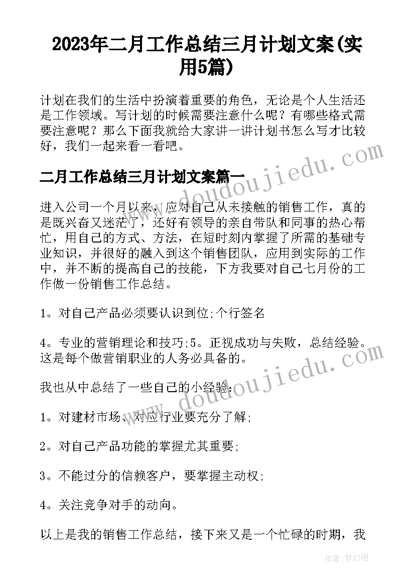 2023年二月工作总结三月计划文案(实用5篇)