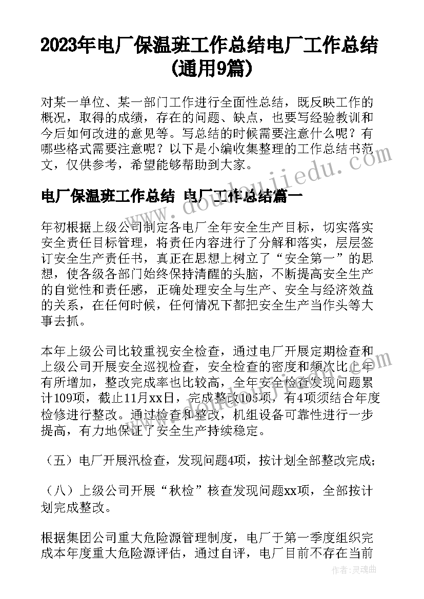 2023年电厂保温班工作总结 电厂工作总结(通用9篇)