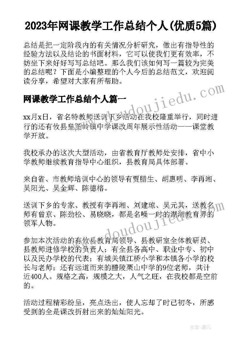 2023年网课教学工作总结个人(优质5篇)