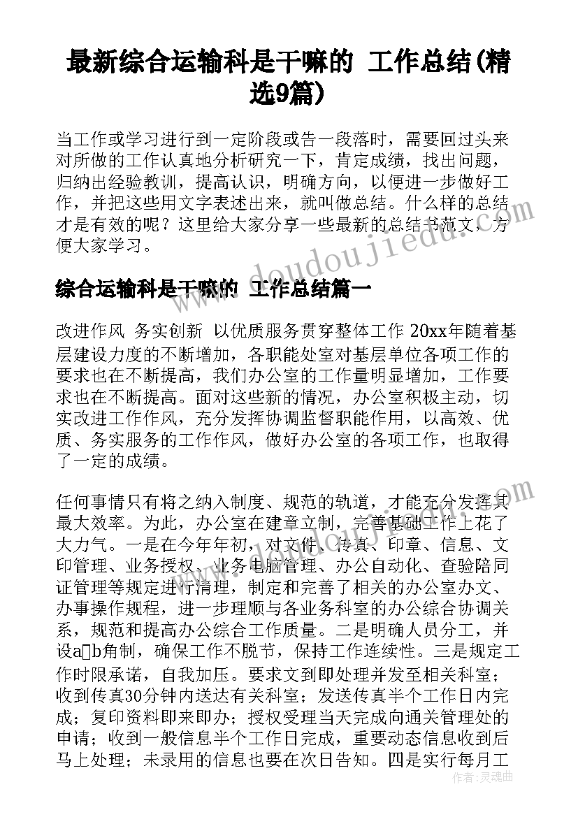 最新综合运输科是干嘛的 工作总结(精选9篇)