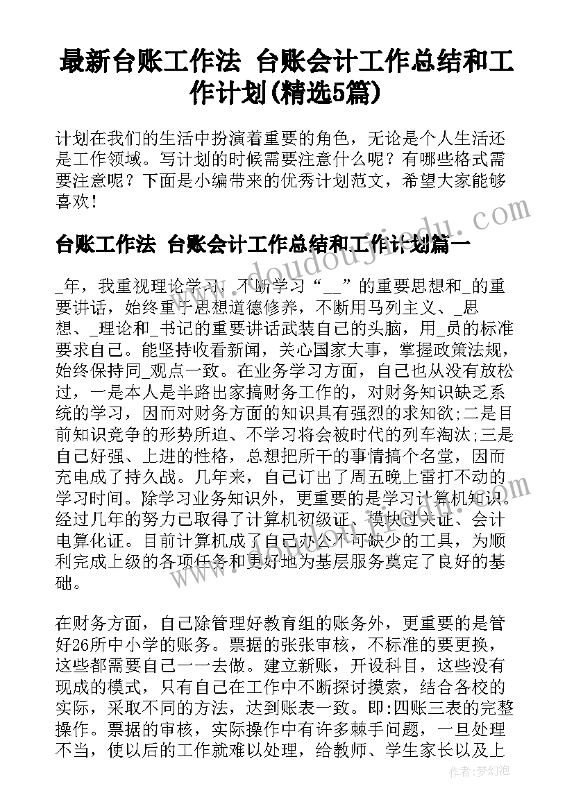 最新台账工作法 台账会计工作总结和工作计划(精选5篇)