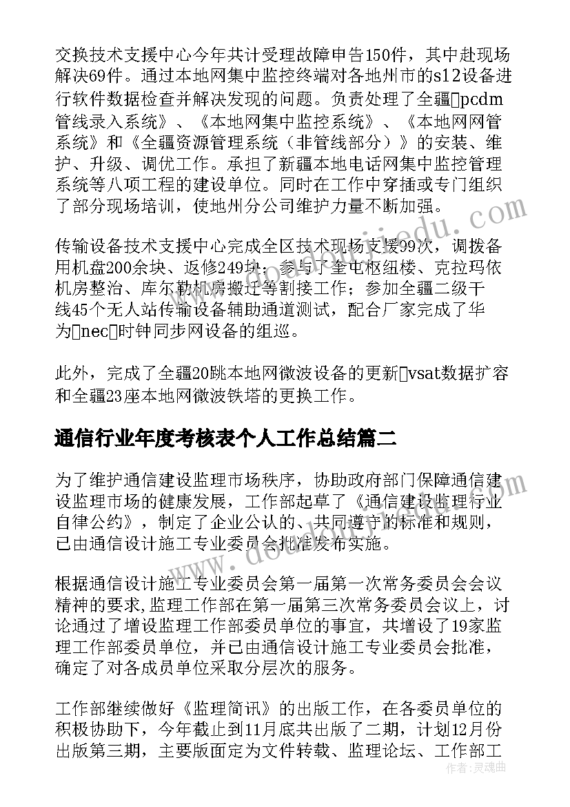 通信行业年度考核表个人工作总结(优秀6篇)