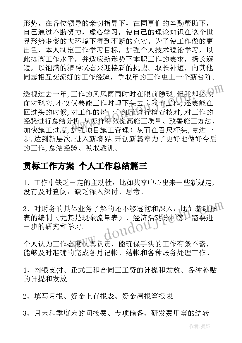 最新贯标工作方案 个人工作总结(精选10篇)