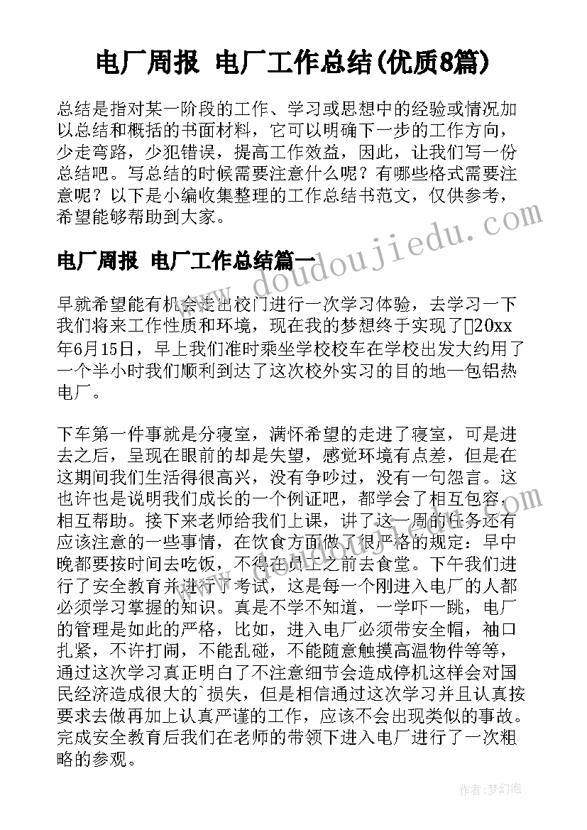 电厂周报 电厂工作总结(优质8篇)