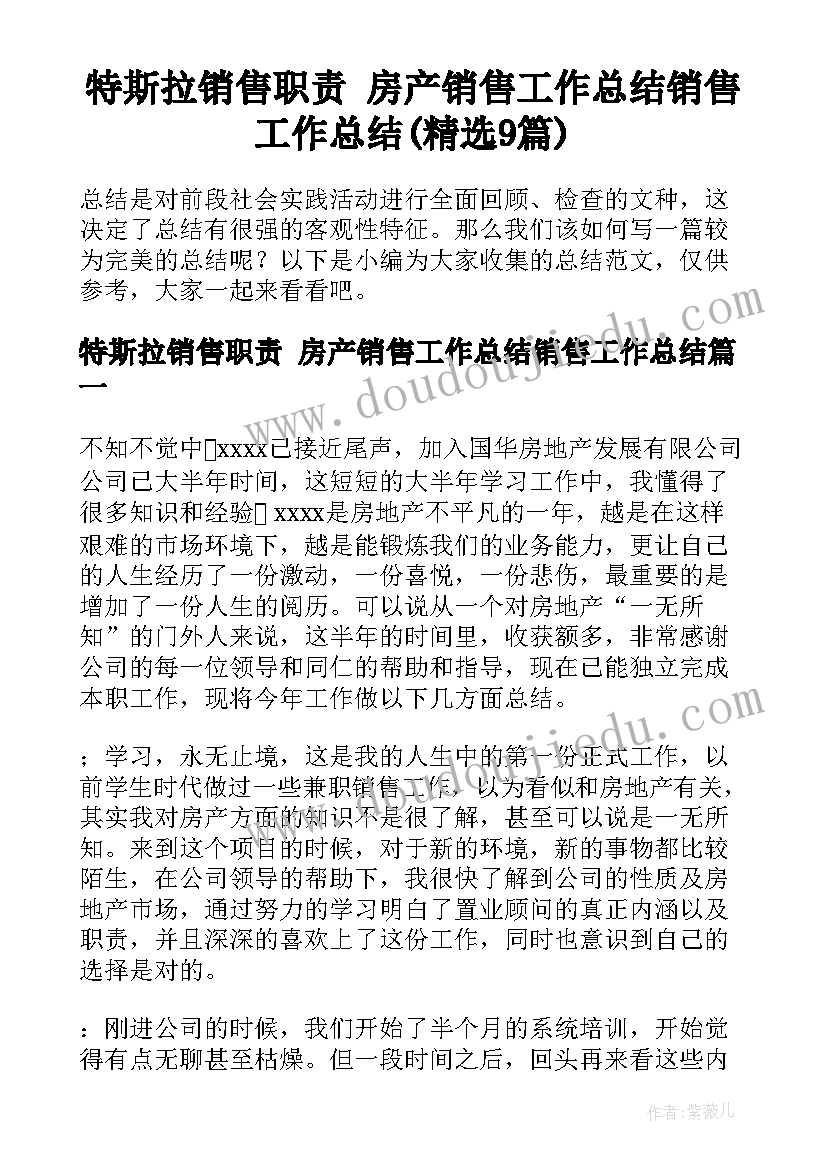 特斯拉销售职责 房产销售工作总结销售工作总结(精选9篇)