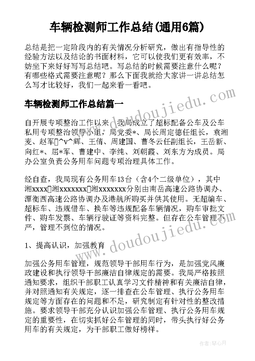 车辆检测师工作总结(通用6篇)