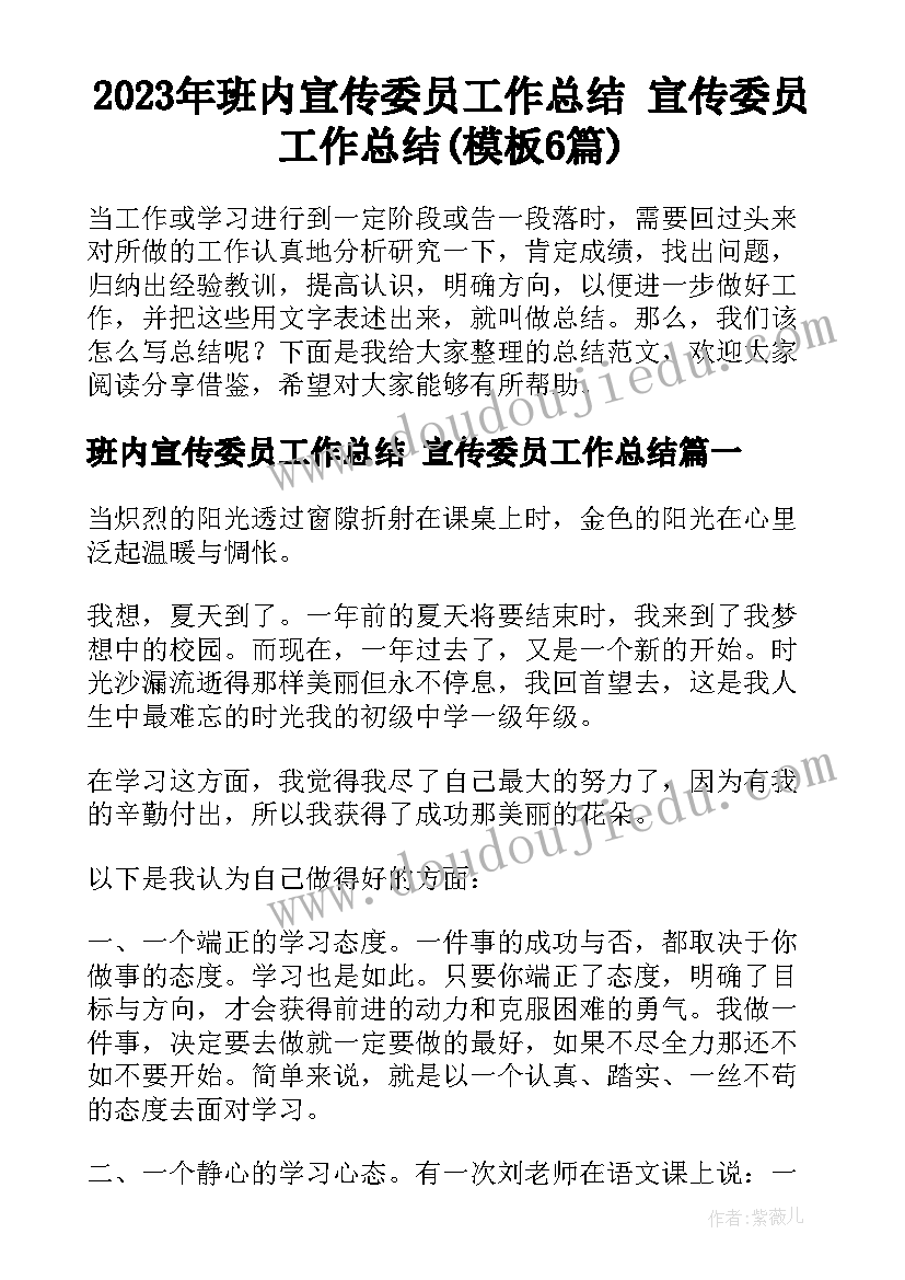 2023年班内宣传委员工作总结 宣传委员工作总结(模板6篇)