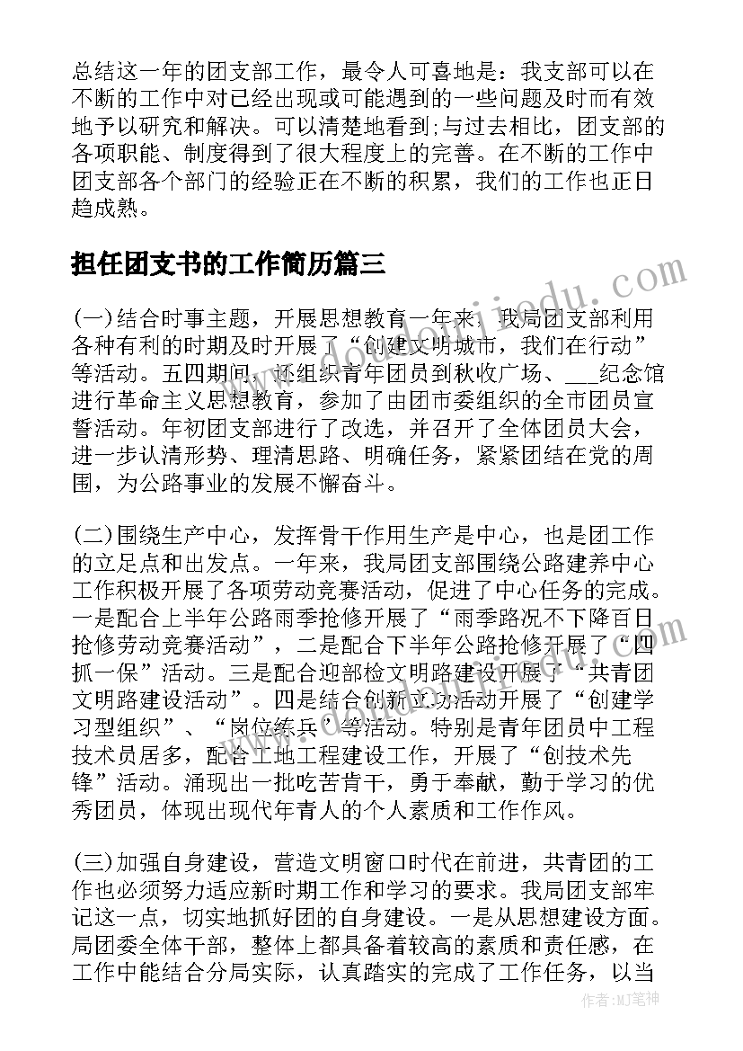 2023年担任团支书的工作简历(优质6篇)