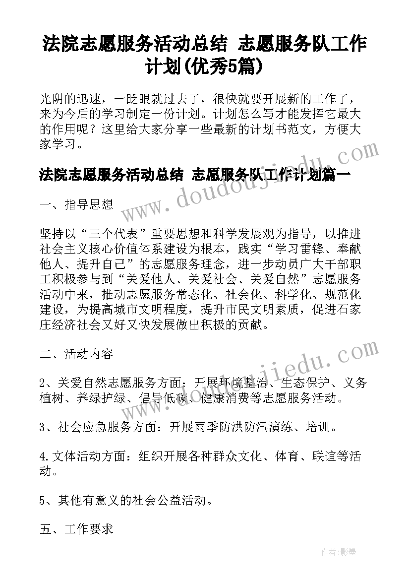 法院志愿服务活动总结 志愿服务队工作计划(优秀5篇)