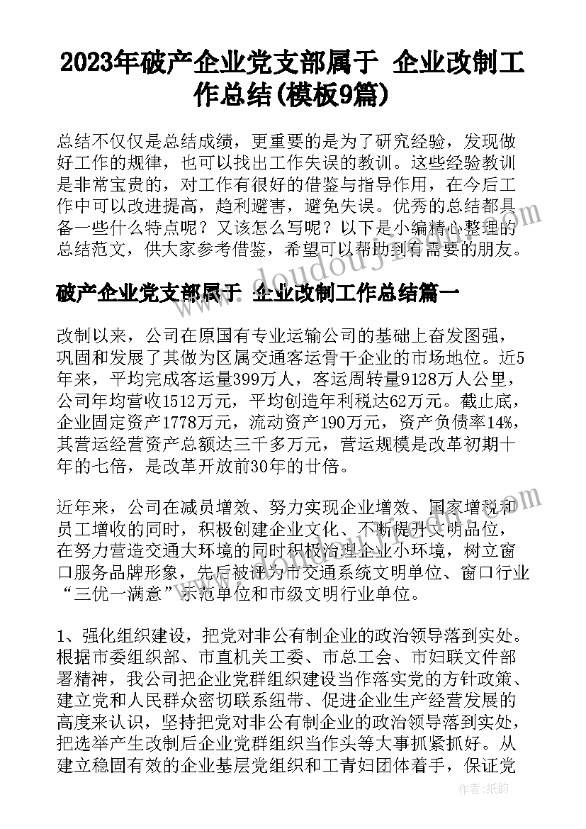 2023年破产企业党支部属于 企业改制工作总结(模板9篇)