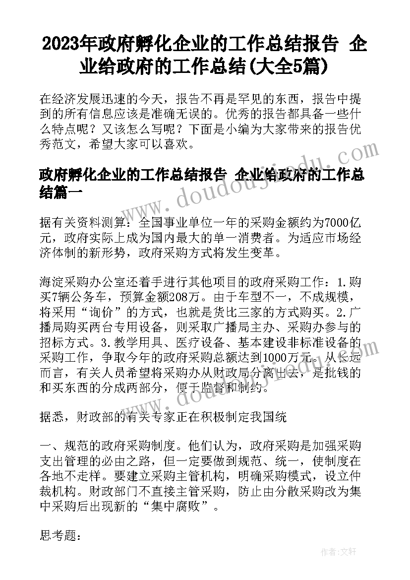 2023年政府孵化企业的工作总结报告 企业给政府的工作总结(大全5篇)