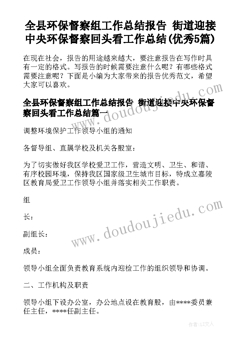 全县环保督察组工作总结报告 街道迎接中央环保督察回头看工作总结(优秀5篇)