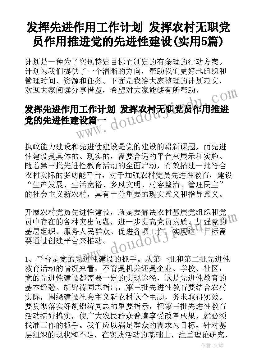 发挥先进作用工作计划 发挥农村无职党员作用推进党的先进性建设(实用5篇)