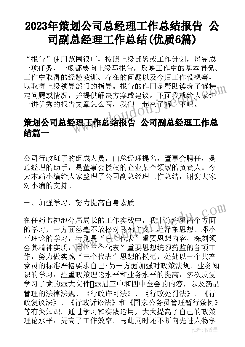 2023年策划公司总经理工作总结报告 公司副总经理工作总结(优质6篇)