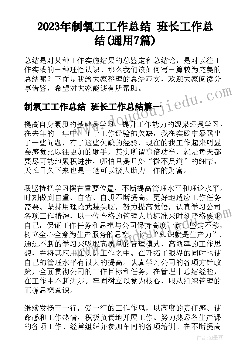 2023年制氧工工作总结 班长工作总结(通用7篇)