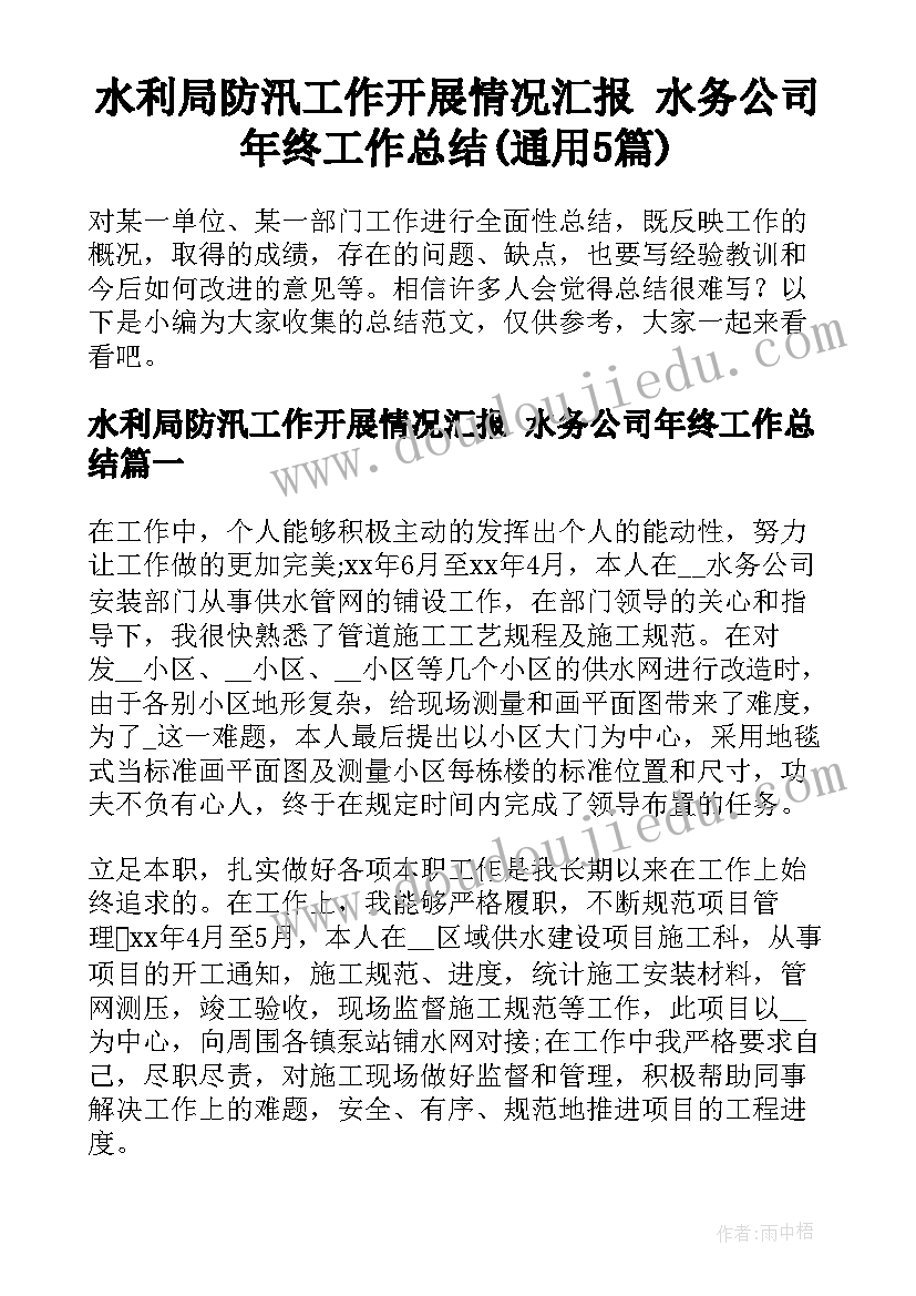 水利局防汛工作开展情况汇报 水务公司年终工作总结(通用5篇)