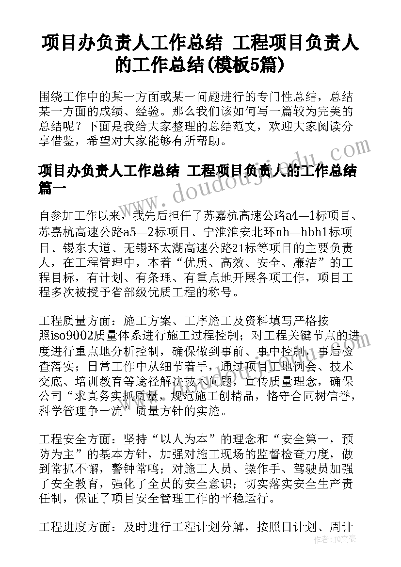 项目办负责人工作总结 工程项目负责人的工作总结(模板5篇)