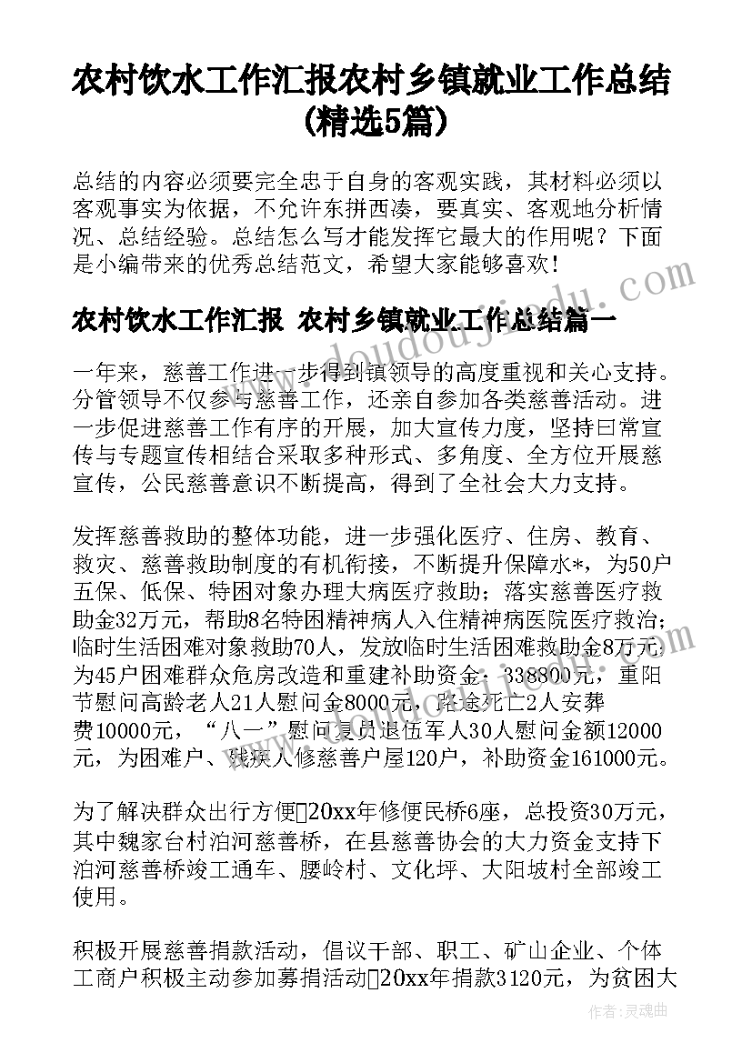 农村饮水工作汇报 农村乡镇就业工作总结(精选5篇)