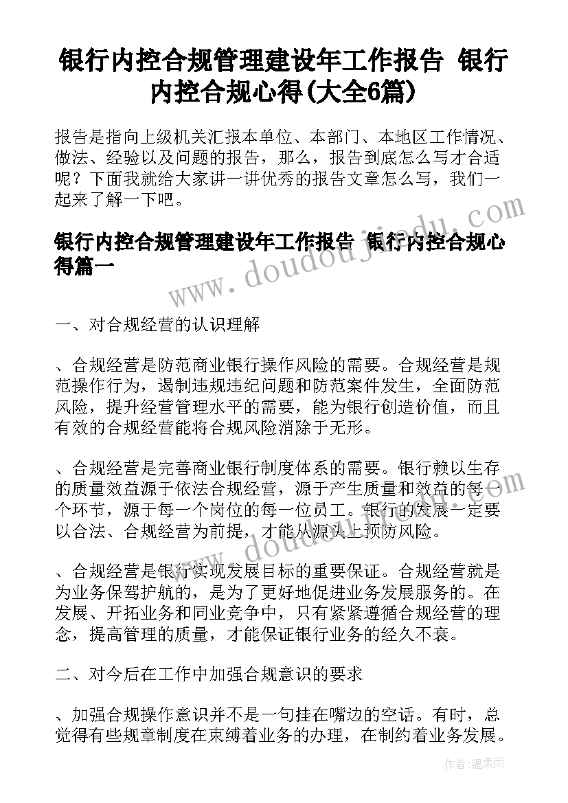 银行内控合规管理建设年工作报告 银行内控合规心得(大全6篇)