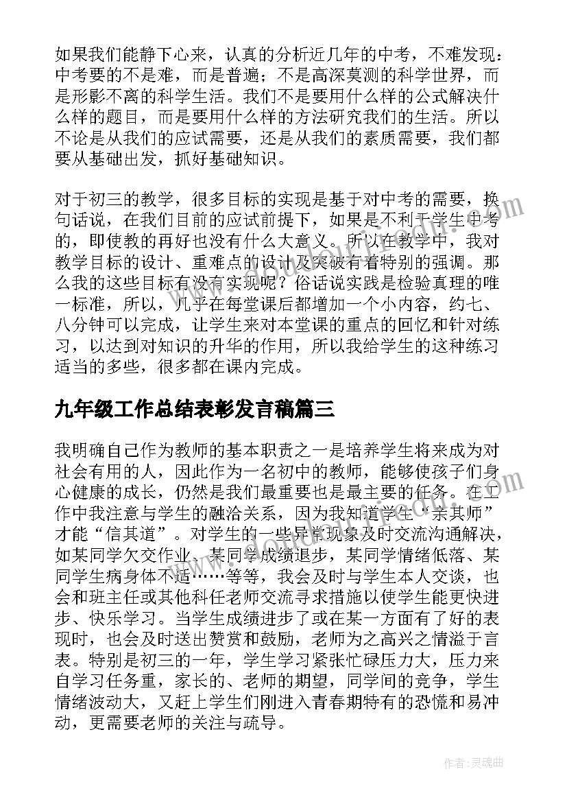 九年级工作总结表彰发言稿(通用8篇)