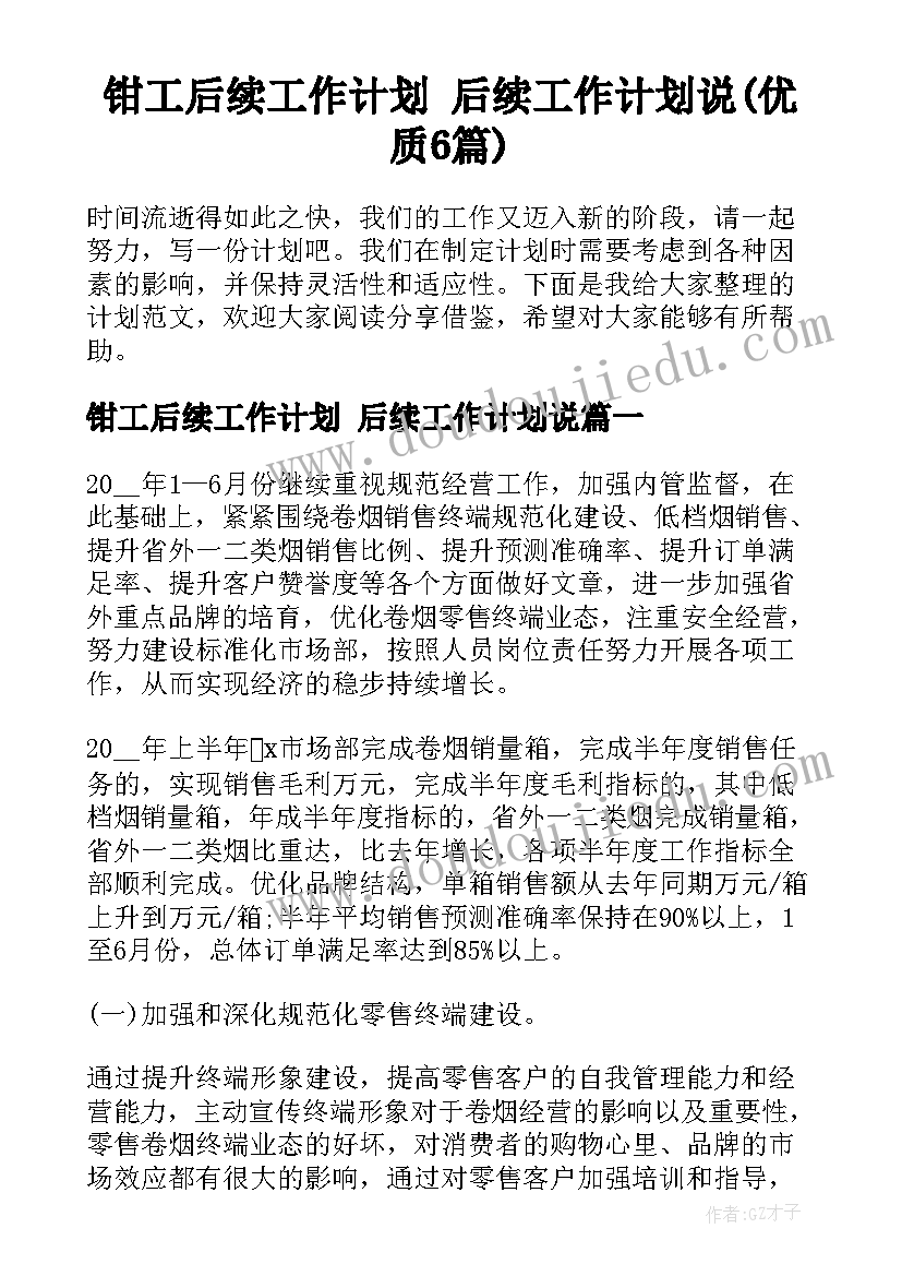 钳工后续工作计划 后续工作计划说(优质6篇)